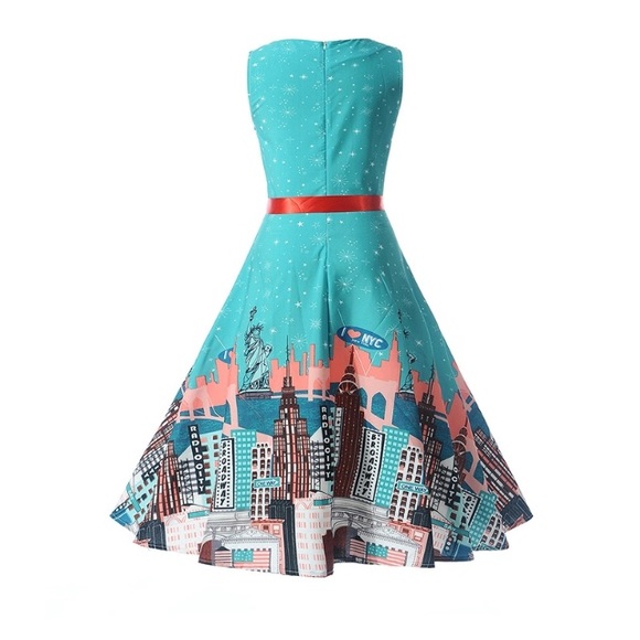 Retro Unique New York City Print Fit Flare A-line Midi Party Sleeveless Dress - Picture 2 of 8
